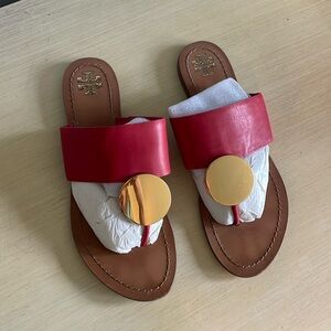 Tory Burch Patos Disk Thong Leather Sandals, Brilliant Red/Gold Size 8.5 M